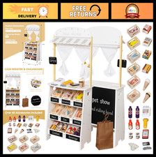 Kids Grocery Store Playset - Wooden Supermarket Cart, Cash Register 26PCS Food