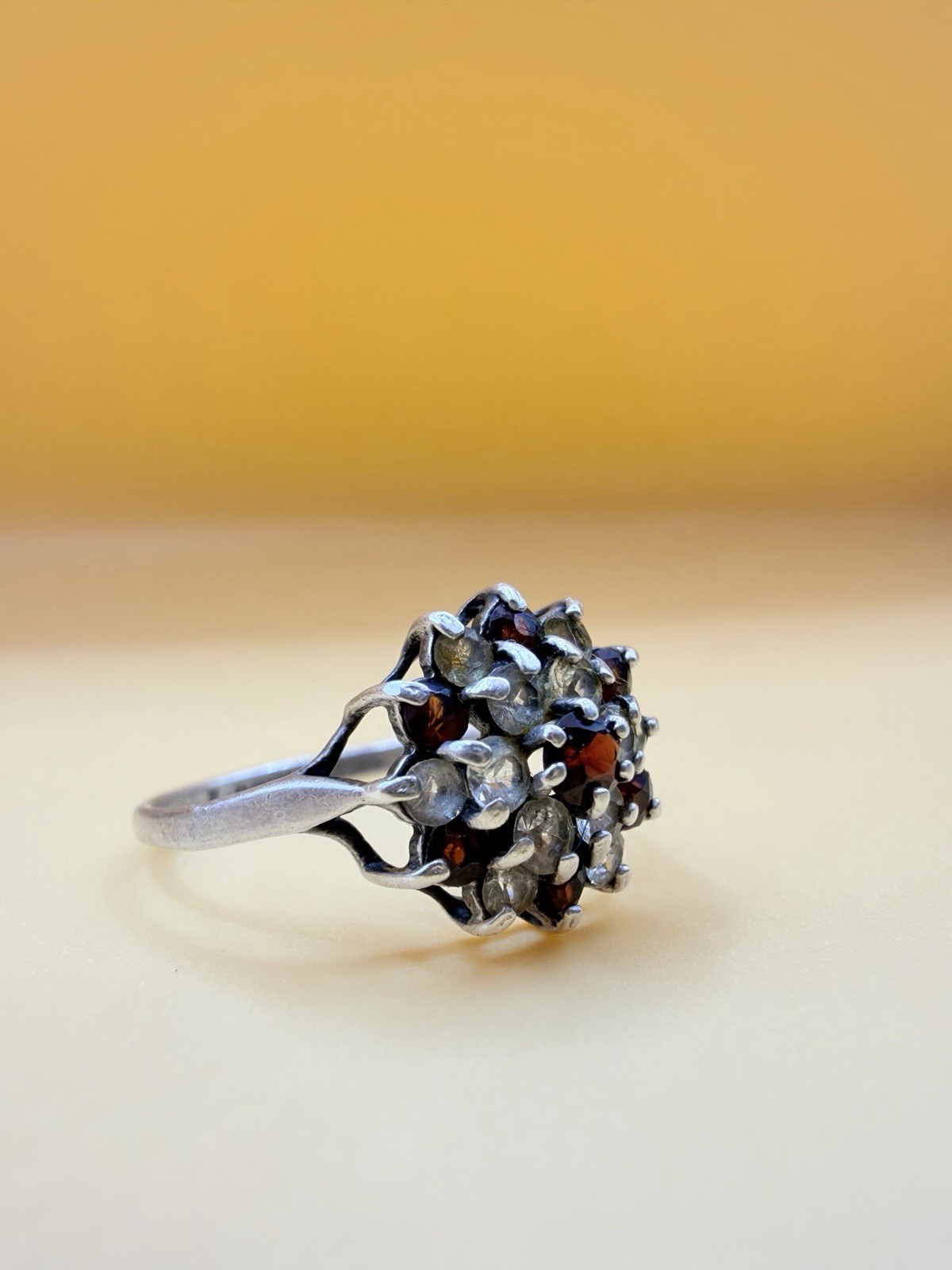 VINTAGE 1950s FINE SILVER GARNET ROCK CRYSTAL CLUSTER RING quartz UK O image 8