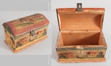 19thC Antique Scandinavian Miniature Folk Art Scenic Painted Wood Box Pin Hinges