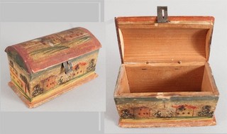 19thC Antique Scandinavian Miniature Folk Art Scenic Painted Wood Box Pin Hinges