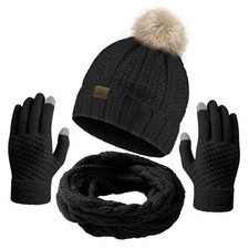 Winter Beanie Hat Circle Scarf Touchscreen Gloves Set, Snow Knit Ink Black