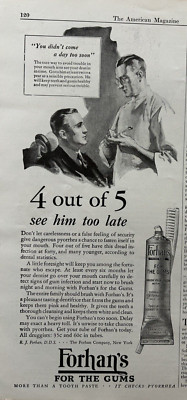 1926 Forhans For The Gums Brush Teeth Dentist Checks Pyorrhea Vintage Print Ad