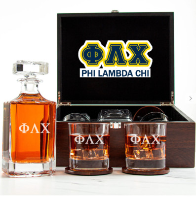 Phi Lambda Chi - Fraternity Decanter and 2 Glasses In Wood Box Set