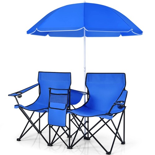 Fenbeli tragbarer faltbarer Picknick-Doppelsessel mit abnehmbarem Regenschirm, blau