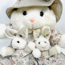 Bunny Rabbit Plush Mom Babies Apron Pocket Dress Bonnet 12&rdquo; White Vintage