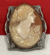 Antique 1890-1900 Ostby & Barton OB Sterling Silver Cameo Shell Brooch & Pendant