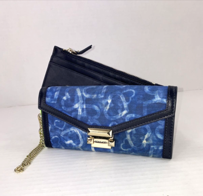 Michael Kors Wallet Whitney Blue Denim Heart Logo Chain Large W16
