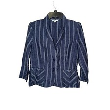 CAbi Womens Jacket Linen Mitered Stripe Nautical Anchor Blazer 3/4 Sleeve Blue 4