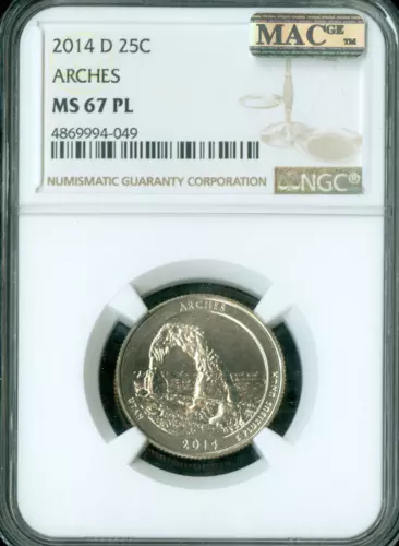 2014 D ARCHES QUARTER NGC MS67 PL  PQ 2ND FINEST GRADE POP 4 MAC SPOTLESS*
