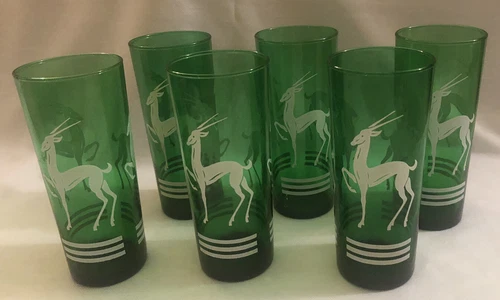 6 Vtg Anchor Hocking Art Deco Gazelle Antelope Green Glasses Tumblers 6 3/4"