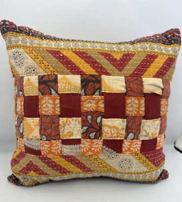 Sasha Basket weave Patchwork Cushion Pillow Burgundy Red Orange Tan 16x16 