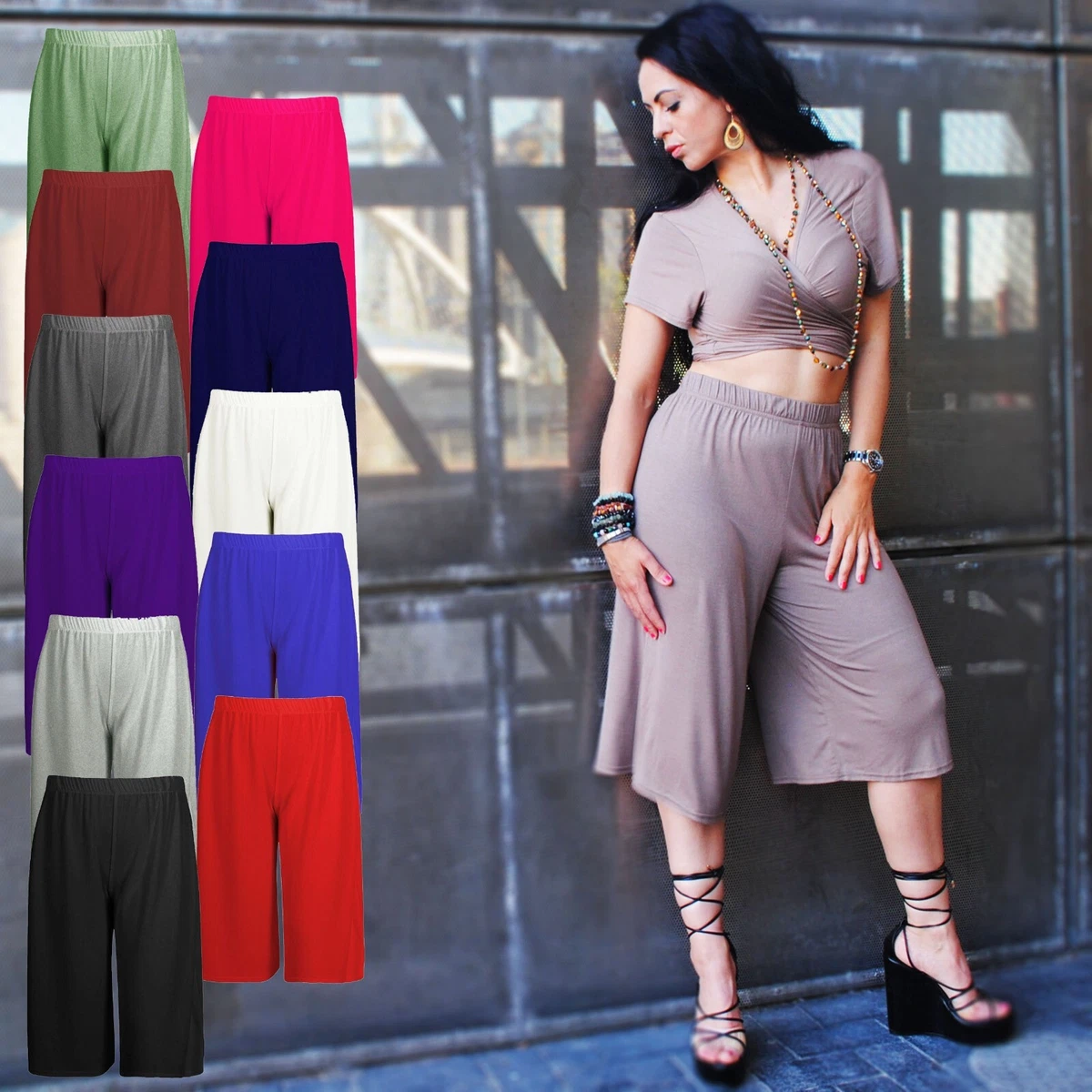 LADIES CULOTTES CROPPED TROUSER LOOSE FIT JERSEY STYLE LONG SHORTS WIDE LEG 8 20