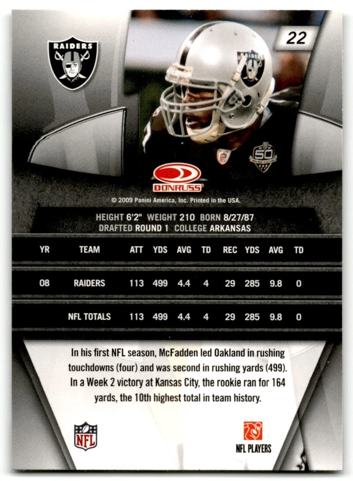 2009 Donruss Gridiron Gear Darren McFadden Oakland Raiders #22 - Image 2 of 2