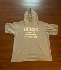 Vintage 90s Guess Hoodie Short Sleeve Gray Tee Shirt - Made in USA - size Medium