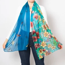 Hand Painted Silk Chiffon Scarf Summer Flower Poppy Tulip Daffodil Floral Scarf