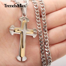 Silver&Gold Plated Cross Pendant Necklace 5mm 16-30" Stainless Steel Curb Chain