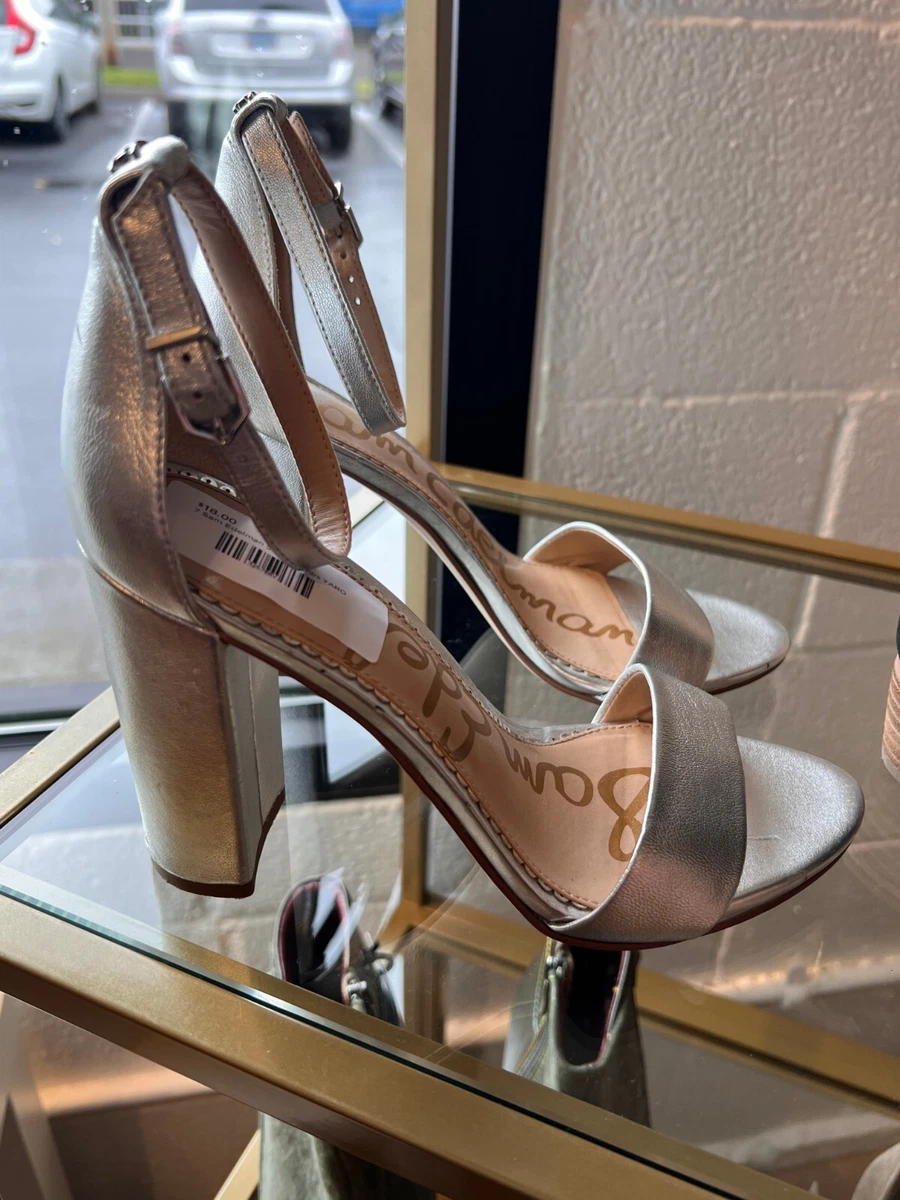 Sam Edelman Yaro Silver Metallic Leather Ankle Strap Chunky High Heels Size 7