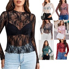 Women Sexy Lace T Shirt Tops See Through Mesh Long Sleeve Party Blouse Clubwear