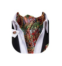 Mens Green Red Paisley Ascot Set Floral Colorful Silk Cravat for Men Pocket S...