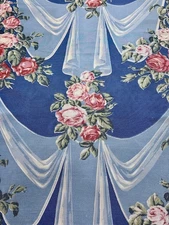 Roses on Rococo SWAGS Hollywood Regency Mid Century Barkcloth era Vintage Fabric
