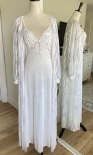 Vtg 70s Val Mode Ivory Floral Maxi Peignoir Lingerie Set Milkmaid M Bridal 