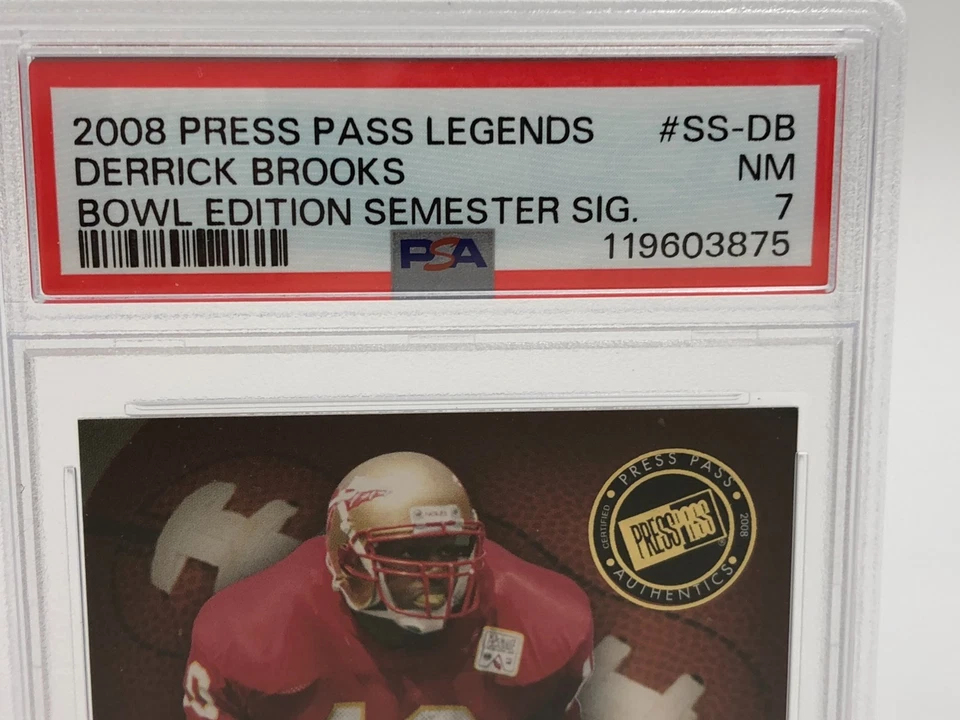 Tarjeta Auto Derrick Brooks 2008 Pase de Prensa LEYENDAS Firmada FSU BUCCANEERS HOF PSA 7 Foto 2 de 4