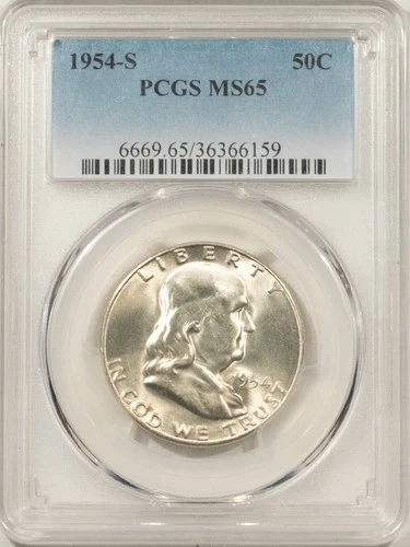 1954-S FRANKLIN HALF DOLLAR - PCGS MS-65, WHITE GEM!
