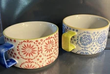 Pier 1 Set Of 2 Cups/Mugs Hand painted Stoneware Stackable, 1 Red & 1 Blue