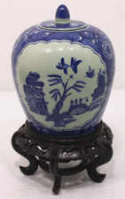 Chinese / Oriental Celadon Ginger Temple Jar With Ornate Hardwood Stand