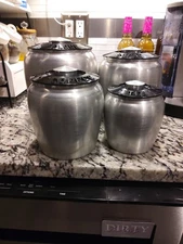 Vintage Kromex 4 Piece Canister Set Brushed Spun Aluminum Black Lids Mid Century