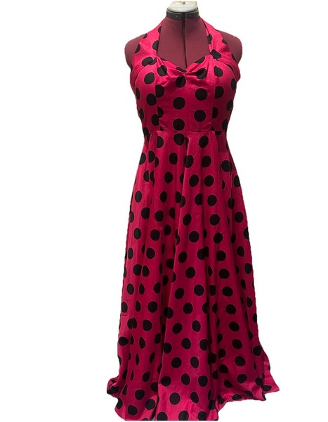 Pink And Black Polka Dot Halter Pinup Retro Fit & Flare Maxi Dress