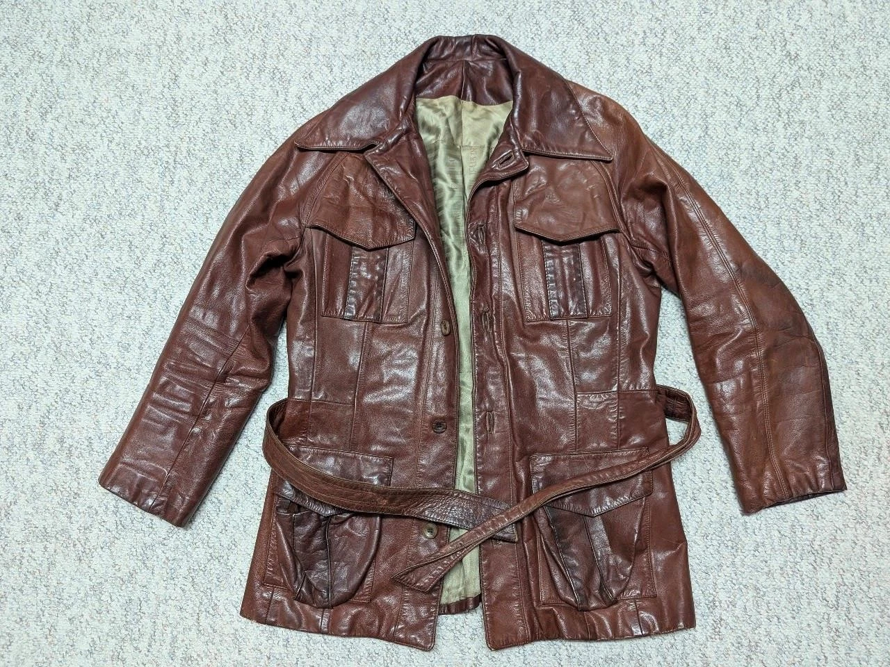 1950s vintage HORSEHIDE brown leather BELTED coat 38 jacket MOTORCYCLE norfolk image 5