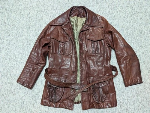 1950s vintage HORSEHIDE brown leather BELTED coat 38 jacket MOTORCYCLE norfolk image 5