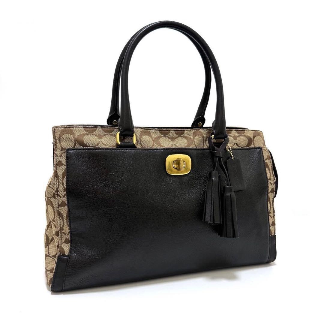 Coach Signature Leather Tote in Black & Brown with Gold Hardware - Pre-Owned