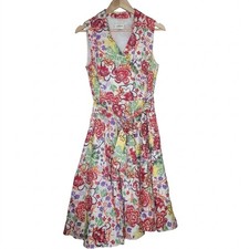 Talbots Floral Fit and Flare Midi Dress Size 12 Belted 100% Cotton Sleeveless 
