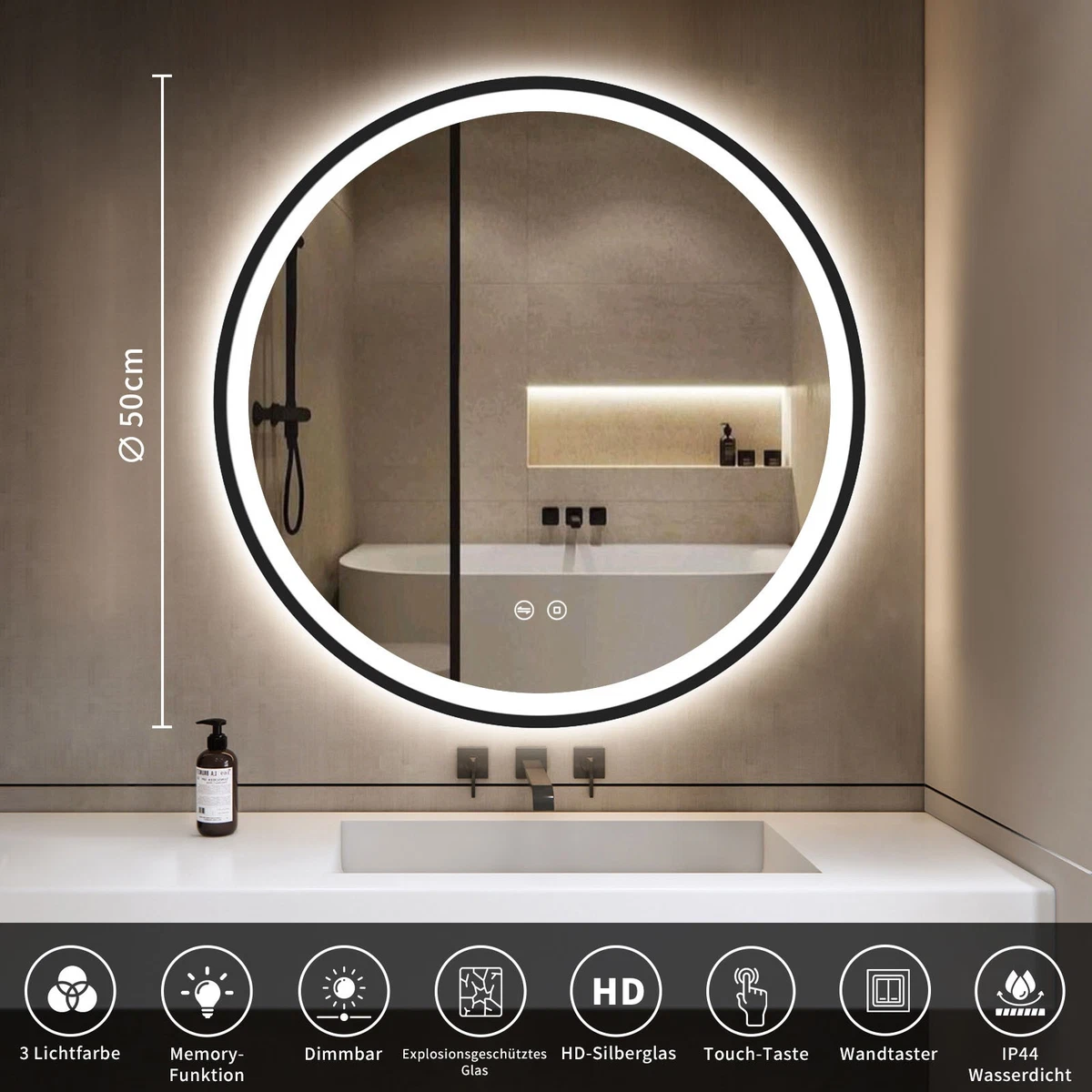 Badspiegel mit Beleuchtung Runder 50cm , mit Touch-Schalter und 3 Lichtfarben