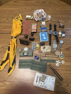 Vintage  Junk Drawer Lot Trinkets Stamps Masonic Boy Scout Watches Pins Treasure
