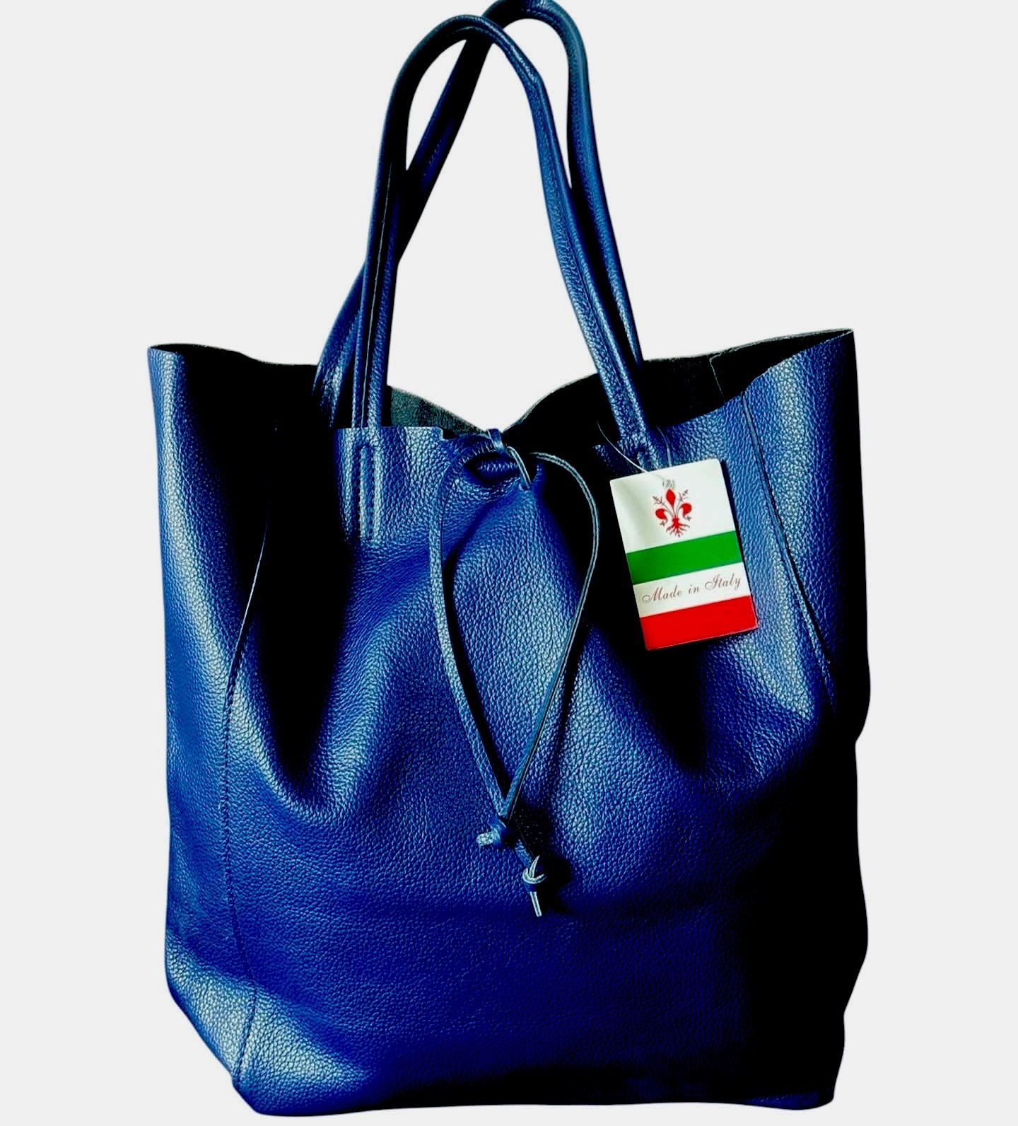 NEW Blue Italian Leather Tote Bag With Zipper Pouch Inside  14”  X  15.5”