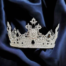 Silver Lion King Crown, Prince Wedding Headpiece, Black Crystal Crown for Groom