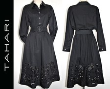 TAHARI Crochet Hem Long Sleeve 100% Cotton Midi Dress Pockets Belt, Black sz S-M