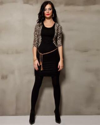 APPLELINE LEOPARD PRINT 3/4 SLEEVES RUCHED BLACK DRESS