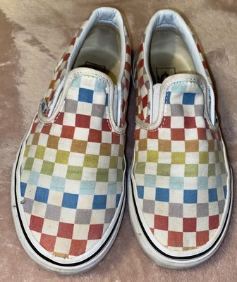 rainbow checkered slip on vans