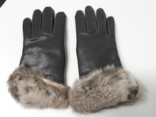 Ladies Vintage Fitted Fur Cuff Dark Grey Gloves Medium Size