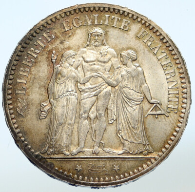 1873 A FRANCE Hercules Group Antique VINTAGE Silver 5 Franc French