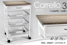 CARRELLO CUCINA LEGNO 3 CESTE PORTAFRUTTA CASSETTO TOP Grigio ROVERE h76*47*37cm