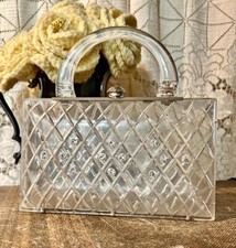 Vintage 1950s MCM Lucite Purse Clutch Rhinestone Accents with Folding Handle
