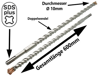 SDS-PLUS Hammerbohrer Betonbohrer Ø 10 x 600 mm Quadro Stein Maurwerk Bohrer