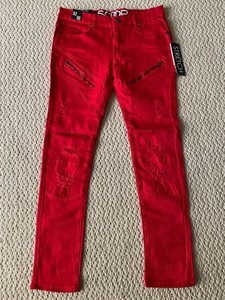 mens red ripped jeans