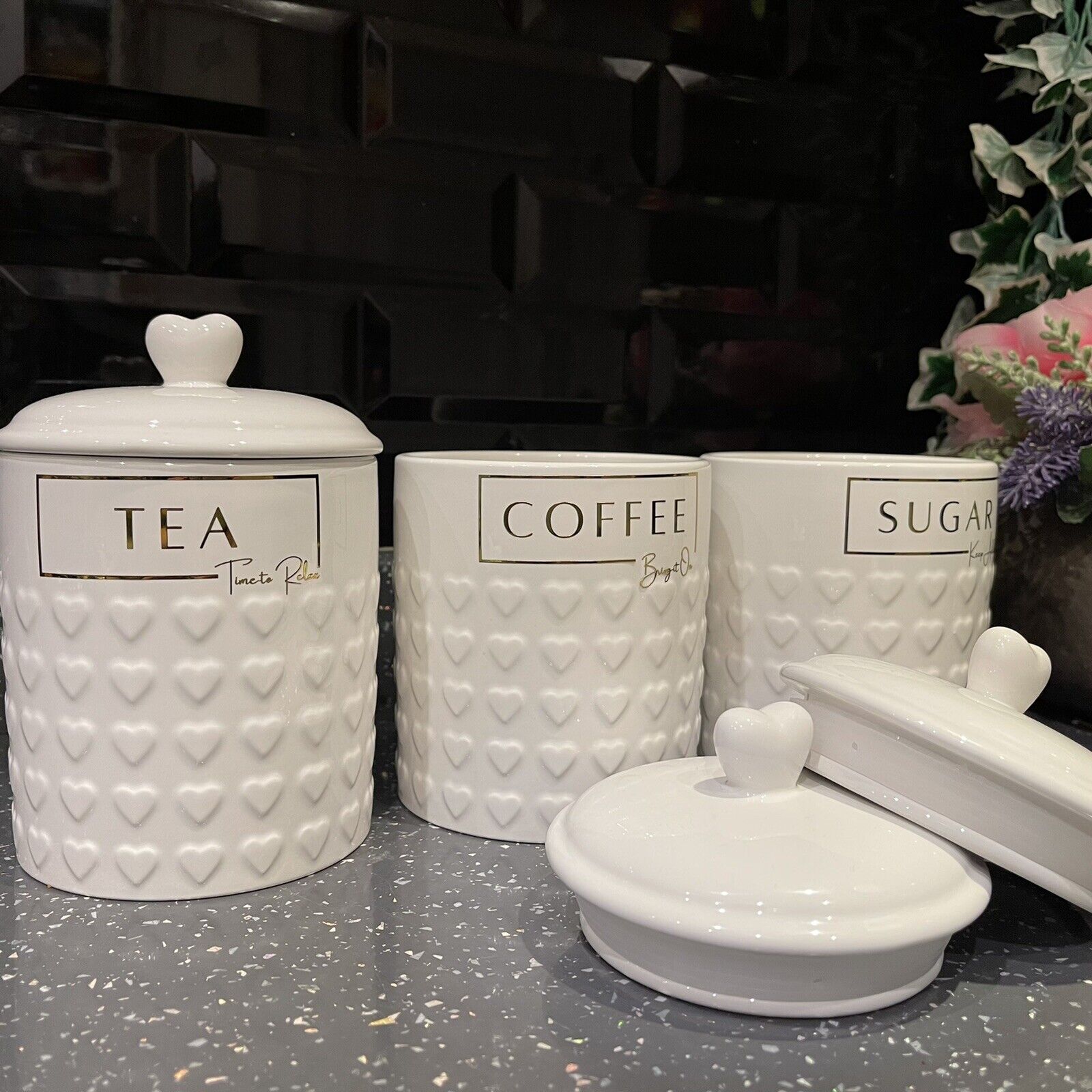 White Heart Styled Tea Coffee Sugar Canisters Gold Labelling