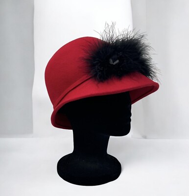 Raffaello Bettini Italy Hat Red Black Wool Cloche NWT Fur  display picture 2